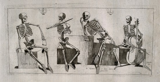   four skeletons playing musical instruments